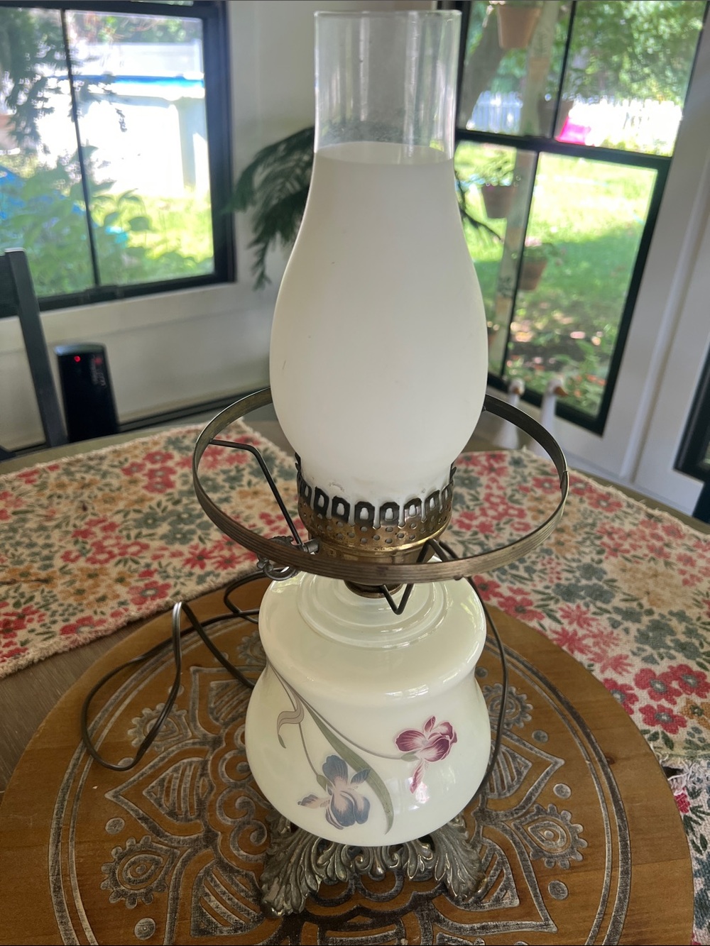 Milk Glass Vintage Hurricane Lamp – purple flowers. Nightstand or side table use